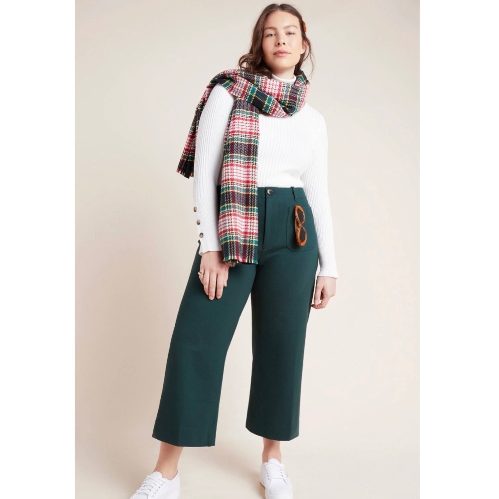 Anthropologie Forest Green Wide Leg Cropped Patch Pocket Pants Size 14 Womens